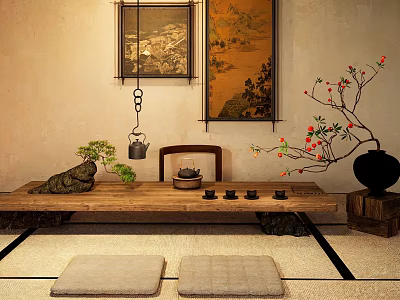 Traditional Tea Table and Chairs with Tea Utensils Decorative Paintings and Tatami Mats 3d model