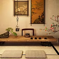 Traditional Tea Table and Chairs with Tea Utensils Decorative Paintings and Tatami Mats