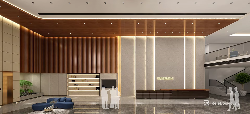 Elegant Modern Front Desk Reception With Wooden Striped Walls Stone Panels Display Shelves And Lighting 3d model 