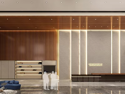 Elegant Modern Front Desk Reception With Wooden Striped Walls Stone Panels Display Shelves And Lighting 3d model