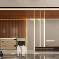 Elegant Modern Front Desk Reception With Wooden Striped Walls Stone Panels Display Shelves And Lighting