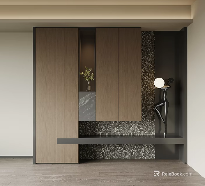 Modern Wooden Shoe Cabinet With Small Potted Plant Sculptural Lamp And Patterned Backdrop 3d model 
