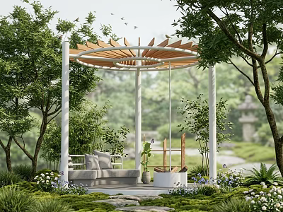 Relaxing Outdoor Pergola with Sofa Swing and Lush Greenery in Natural Garden 3d model