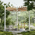 Relaxing Outdoor Pergola with Sofa Swing and Lush Greenery in Natural Garden