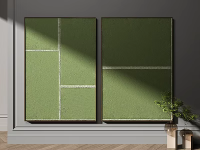 Two Green Abstract Paintings on Gray Wall with Potted Plant Decoration 3d model