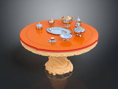 Round Dining Table With Orange Tabletop Carved Beige Legs And Silver Decorative Tableware 3d model