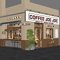 Coffee Shop Storefront With COFFEE JOE JOE Signboard Tea Coffee Plants Bench And Glass Windows