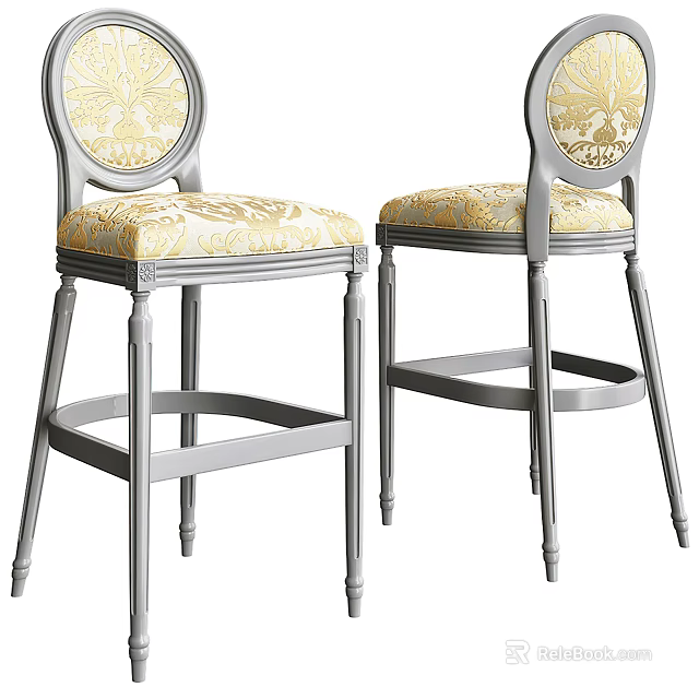 Classic Style Bar Stools With Gray Frame And Patterned Seat Cushions 3d model