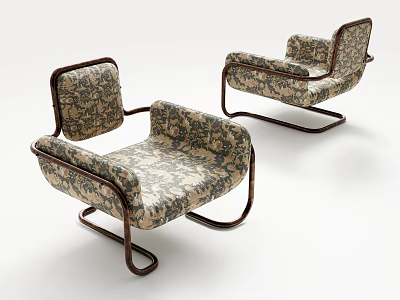 Vintage Single Sofa With Curved Metal Frame And Floral Fabric Design 3d model