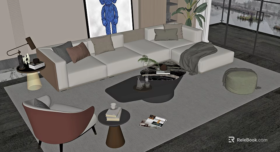 Modern White Sofa And Black Coffee Table Set With Decorative Pillows Green Plant And Artwork 3d model 