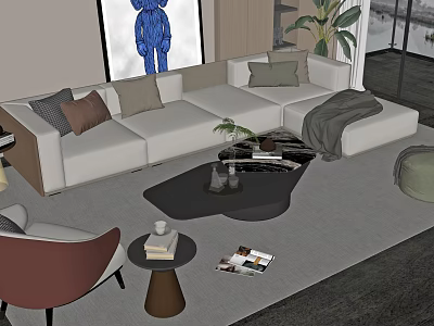 Modern White Sofa And Black Coffee Table Set With Decorative Pillows Green Plant And Artwork 3d model