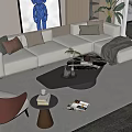 Modern White Sofa And Black Coffee Table Set With Decorative Pillows Green Plant And Artwork