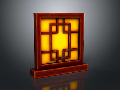 Traditional Chinese Window Lattice With Scenic View Through Warm Yellow Light 3d model