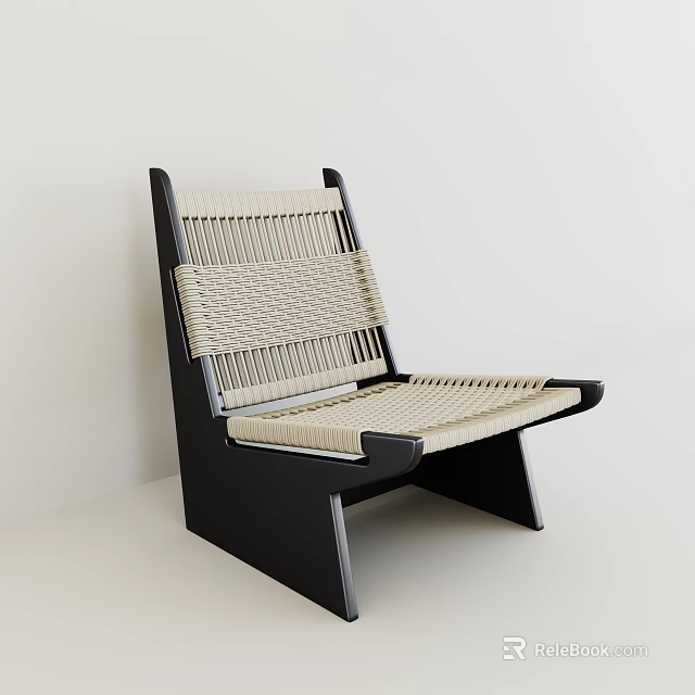 Modern Minimalist Single Chair With Black Frame And Beige Woven Seat Back 3d model 