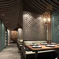 Restaurant Interior With Round Dining Table Colorful Chairs Chandelier Horse Painting And Green Decorative Wall