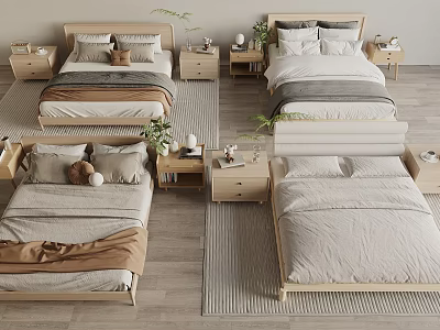 Minimalist Modern Double Bed With Wooden Frame Neutral Bedding And Bedside Plants 3d model