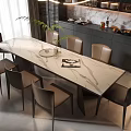 Modern Elegant Dining Table Set With Marble Top Six Chairs And Decorative Items