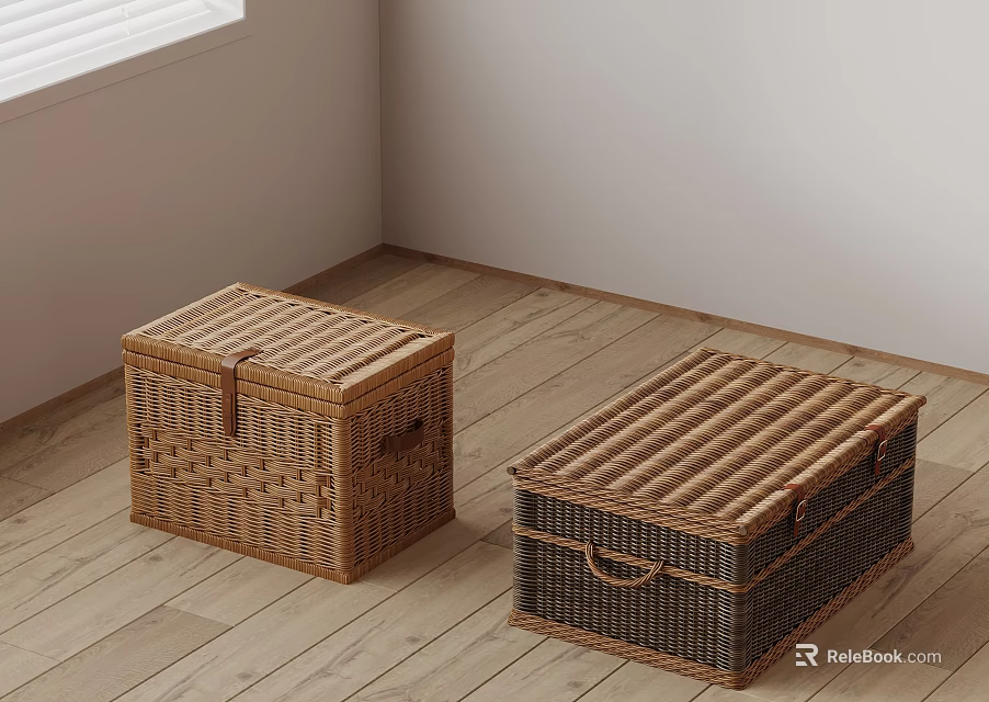 Two Natural Wicker Storage Boxes In Wooden Floor Corner With White Wall Window 3d model 