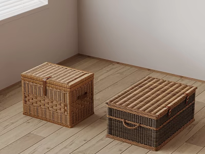 Two Natural Wicker Storage Boxes In Wooden Floor Corner With White Wall Window 3d model