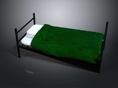 Simple Black Frame Bed With Green Blanket And White Pillows 3d model