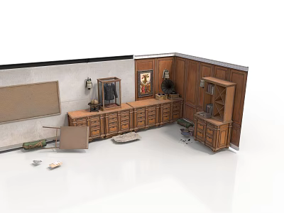 Vintage Study Room Interior With Wooden Cabinets Bookshelf Chalkboard And Scattered Items 3d model