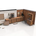 Vintage Study Room Interior With Wooden Cabinets Bookshelf Chalkboard And Scattered Items