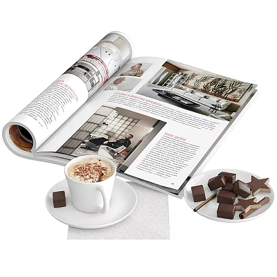 Open Magazine With Latte Coffee Cup And Chocolate Pieces On Table 3d model