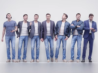 Group of Men Standing in Various Casual and Formal Outfits with Jeans on White Background 3d model