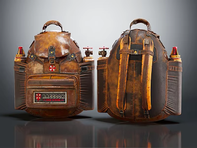 Vintage Brown Leather Backpack With Industrial Design Metal Buckles And Red Accents 3d model