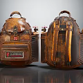 Vintage Brown Leather Backpack With Industrial Design Metal Buckles And Red Accents