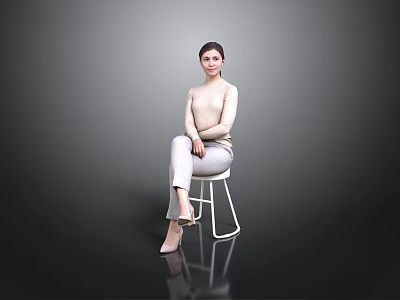 Stylish White Metal Frame Chair On Reflective Floor With Gray Background 3d model