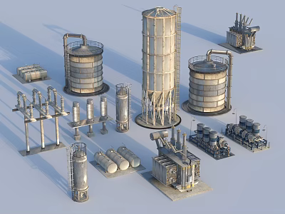 Industrial Facility Components With Storage Tanks Processing Towers Pipes And Pumps 3d model