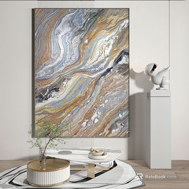 Modern Abstract Painting With Golden Blue Gray Marbled Flowing Texture In White Interior 3d model 