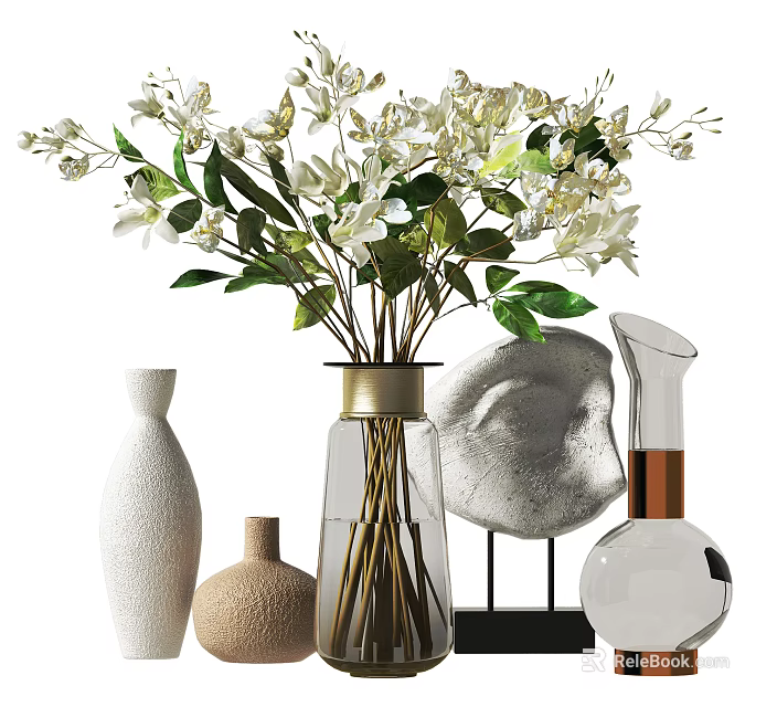 Elegant Decorative Ornament Set With Glass Vase Flower Bouquet Ceramic Vases And Abstract Sculptures 3d model 