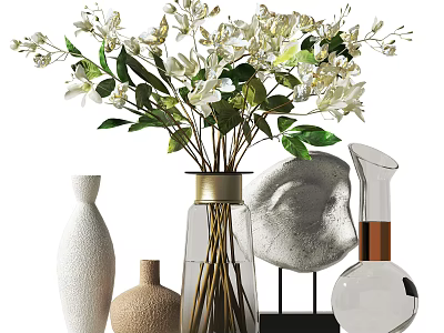 Elegant Decorative Ornament Set With Glass Vase Flower Bouquet Ceramic Vases And Abstract Sculptures 3d model
