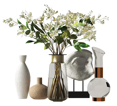 Elegant Decorative Ornament Set With Glass Vase Flower Bouquet Ceramic Vases And Abstract Sculptures 3d model