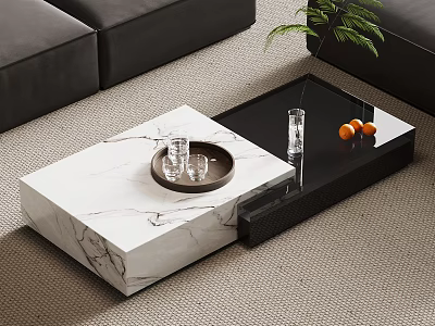 Modern Coffee Table With Marble And Black Glass Top Tray Glass Cups And Oranges 3d model