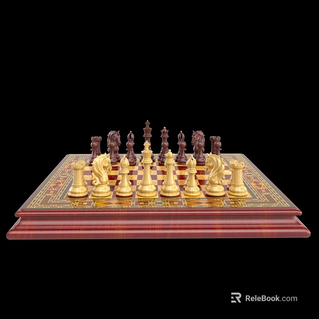 Decorative Chess Set With Gold And Dark Pieces On Wooden Chessboard 3d model 