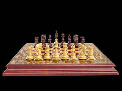 Decorative Chess Set With Gold And Dark Pieces On Wooden Chessboard 3d model