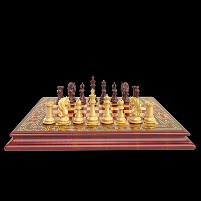 Decorative Chess Set With Gold And Dark Pieces On Wooden Chessboard 3d model