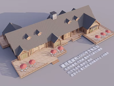 Log Cabin With Multiple Sloped Roofs Chimney And Wooden Deck With Red Umbrellas 3d model