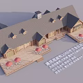 Log Cabin With Multiple Sloped Roofs Chimney And Wooden Deck With Red Umbrellas