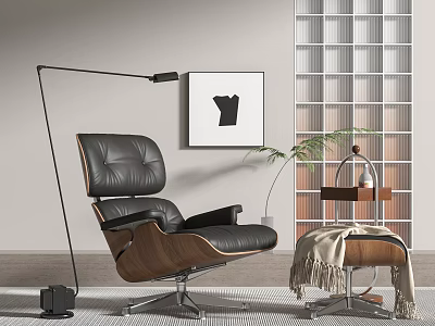 Black Leather Accent Chair With Wooden Frame Floor Lamp Wall Art And Side Table Plant 3d model