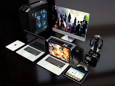 Modern Gaming Computer Setup With Desktop Monitor Laptop Tablet Game Controller Headphones 3d model