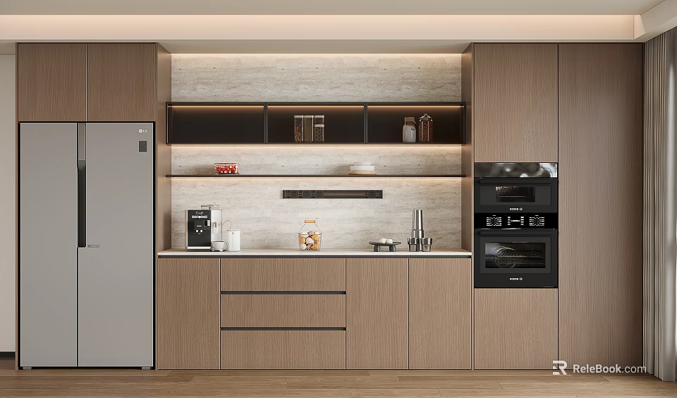 Modern Kitchen Sideboard With Wooden Storage Shelves Drawers And Stone Backsplash 3d model 