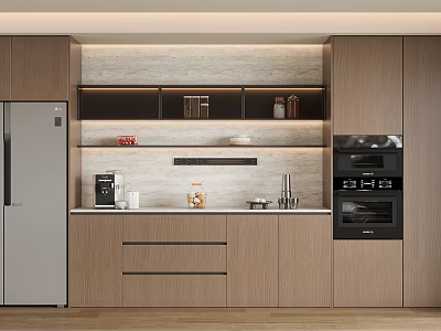 Modern Kitchen Sideboard With Wooden Storage Shelves Drawers And Stone Backsplash 3d model