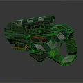 Futuristic Sci Fi Weapon With Green Orange Accents Metallic Texture And Mechanical Grip