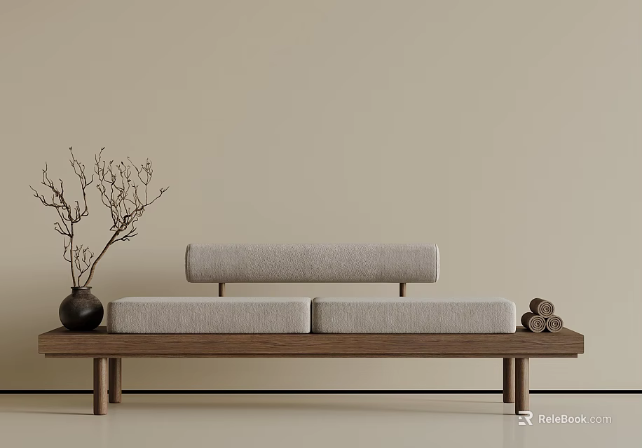 Minimalist Wooden Bed Bench With Gray Cushion And Decorative Branches 3d model 