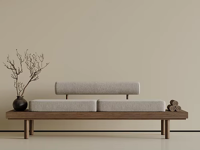 Minimalist Wooden Bed Bench With Gray Cushion And Decorative Branches 3d model