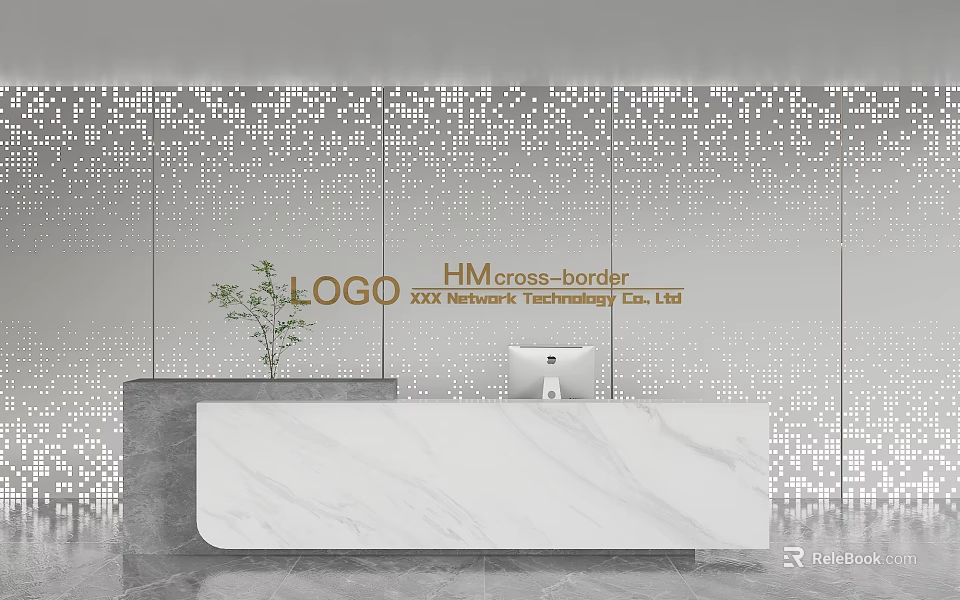 Elegant Modern Background Wall With Front Desk Marble Countertop Green Plant And Logo 3d model 